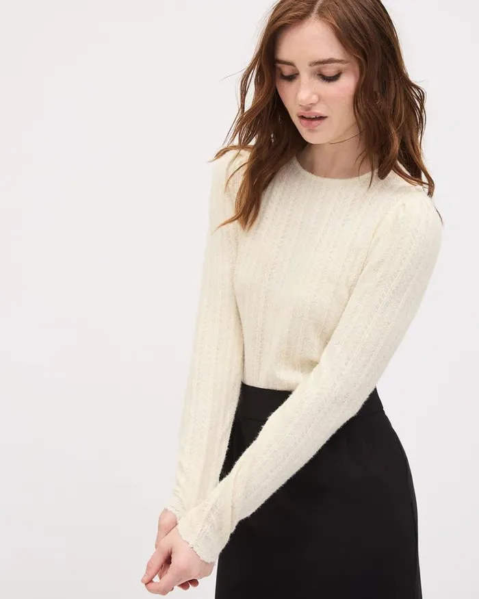 RWandCO Tops LongSleeve CrewNeck BrushedKnit Top With Scalloped Edges Whitecap Gray 8211 Women RWandCO Tops LongSleeve CrewNeck BrushedKnit Top With Scalloped Edges Whitecap Gray 8211 Women