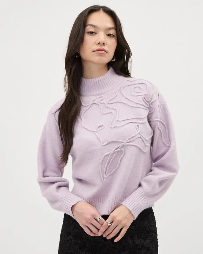 RWandCO Tops LongSleeve TurtleNeck Pullover With Flower Embroidery Lavender Frost 8211 Women RWandCO Tops LongSleeve TurtleNeck Pullover With Flower Embroidery Lavender Frost 8211 Women