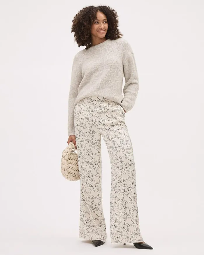 RWandCO Wide Leg Satin PullOn HighRise WideLeg Pant Black And Oatmeal Flowers Multi 8211 Women