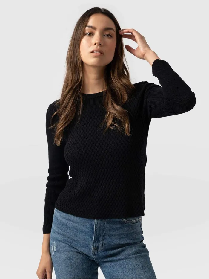Saint And Sofia Casual Tops Women Honeycomb Rib Sweater 8211 Black Black