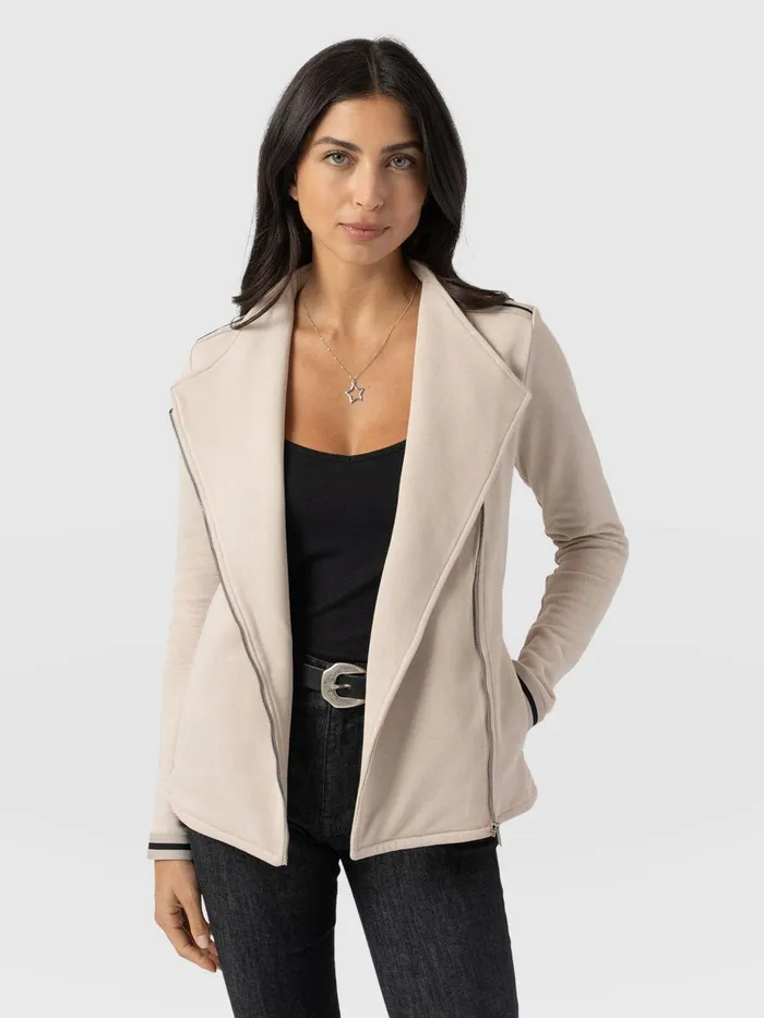 Saint And Sofia Coats and Jackets Women Cotton Biker JacketLight BeigeBlackCream Stripe Blackcream Stripe Saint And Sofia Coats and Jackets Women Cotton Biker JacketLight BeigeBlackCream Stripe Blackcream Stripe