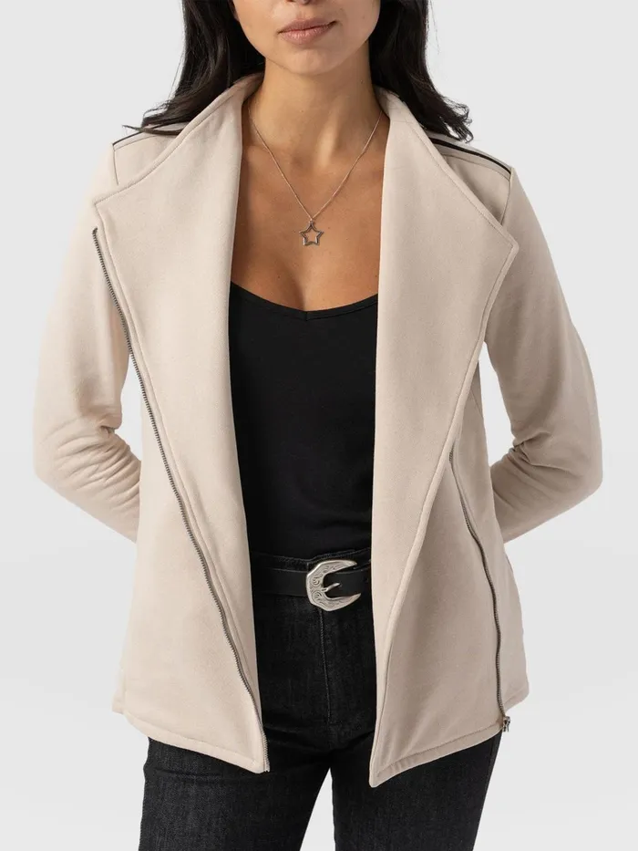 Saint And Sofia Coats and Jackets Women Cotton Biker JacketLight BeigeBlackCream Stripe Blackcream Stripe
