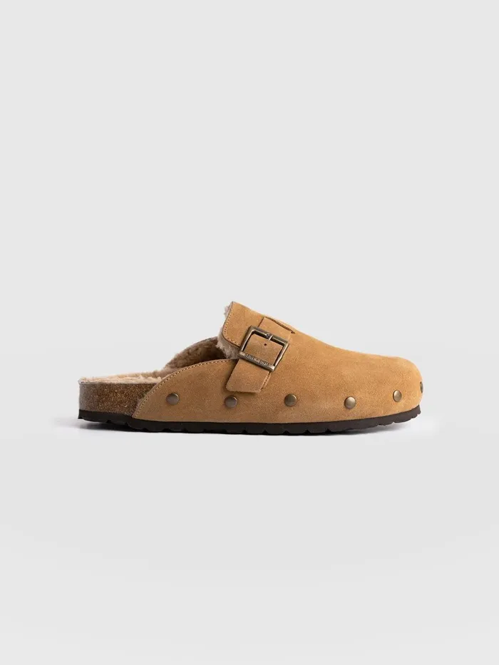Saint And Sofia Leather Women Studded Clogs 8211 Tan Shearling Tan Shearling