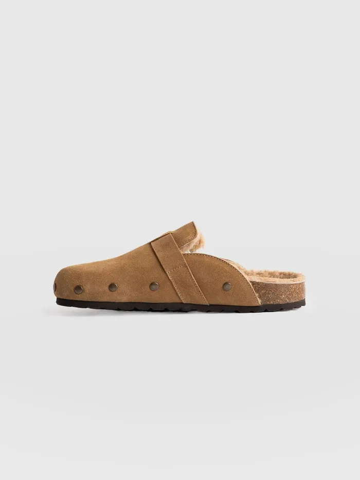 Saint And Sofia Leather Women Studded Clogs 8211 Tan Shearling Tan Shearling