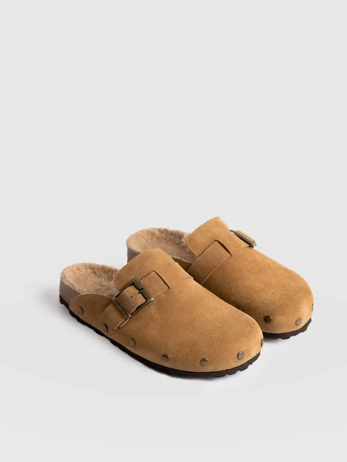 Saint And Sofia Leather Women Studded Clogs 8211 Tan Shearling Tan Shearling