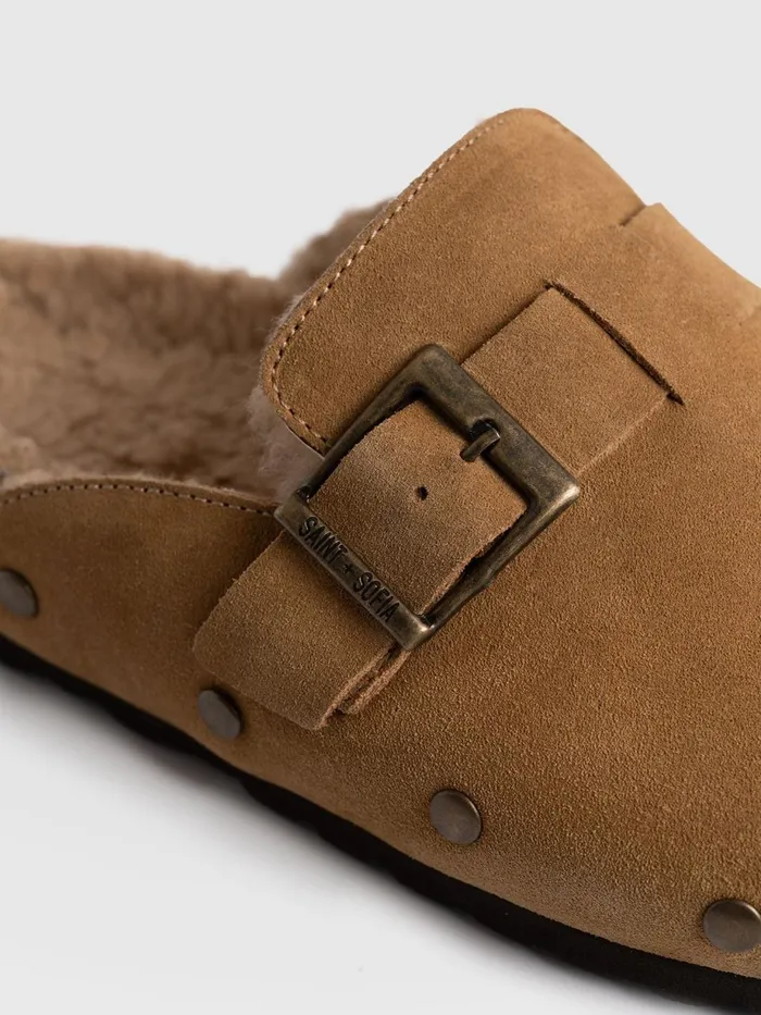 Saint And Sofia Leather Women Studded Clogs 8211 Tan Shearling Tan Shearling