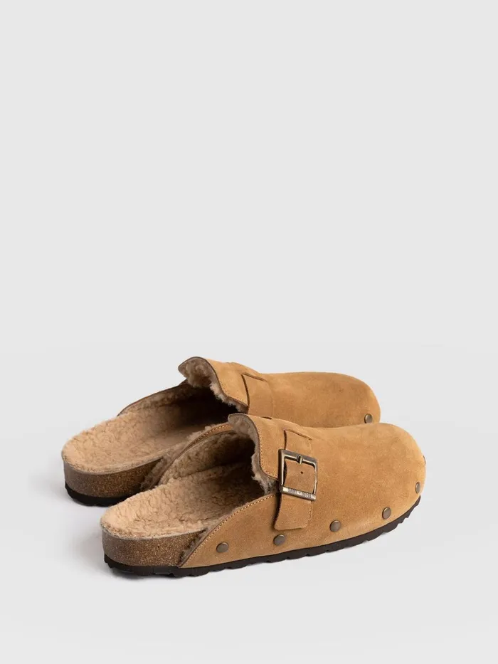 Saint And Sofia Leather Women Studded Clogs 8211 Tan Shearling Tan Shearling
