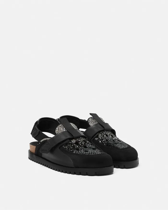 Sandals and Slides Men Versace Crystal Suede Mules Black