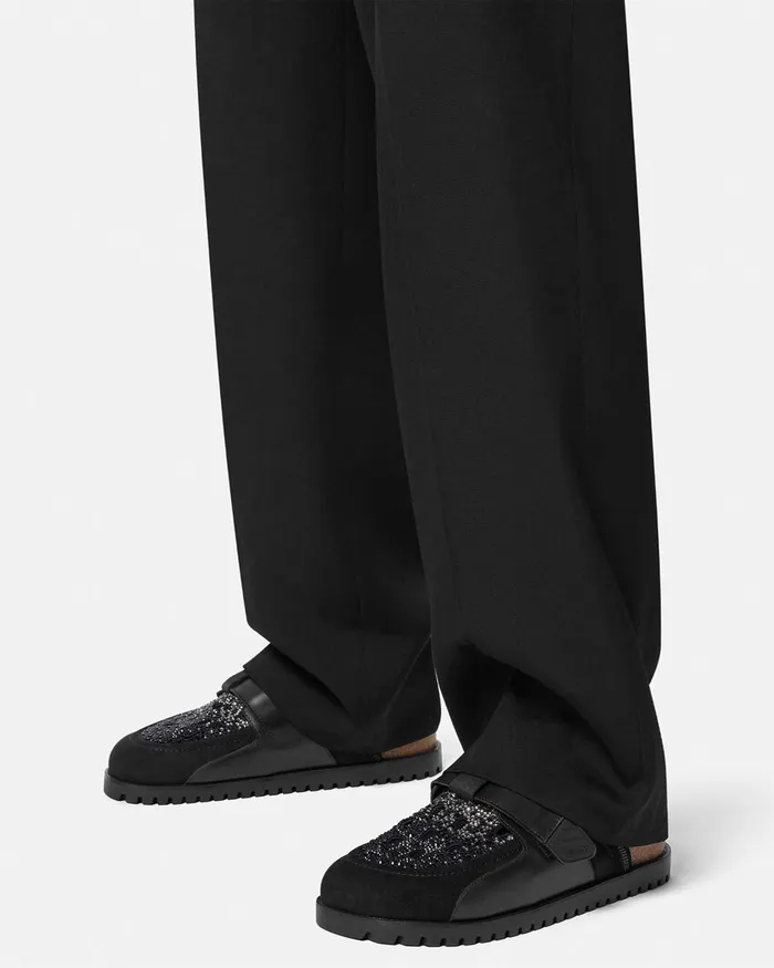 Sandals and Slides Men Versace Crystal Suede Mules Black