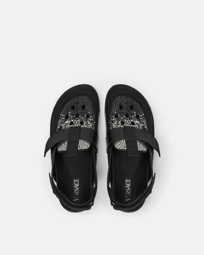 Sandals and Slides Men Versace Crystal Suede Mules Black