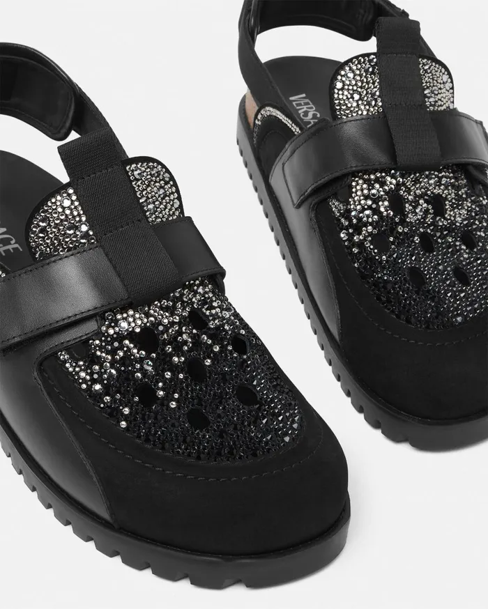 Sandals and Slides Men Versace Crystal Suede Mules Black