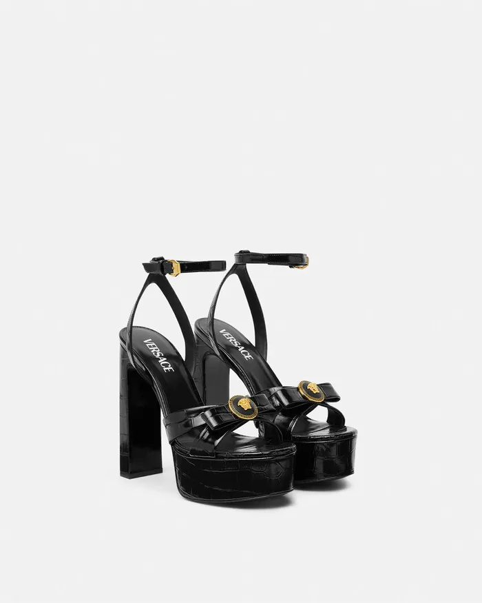Sandals Women Versace CrocEffect Gianni Ribbon Sandals 140 Mm Blackgold