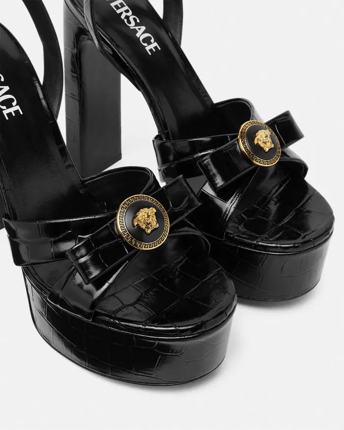 Sandals Women Versace CrocEffect Gianni Ribbon Sandals 140 Mm Blackgold