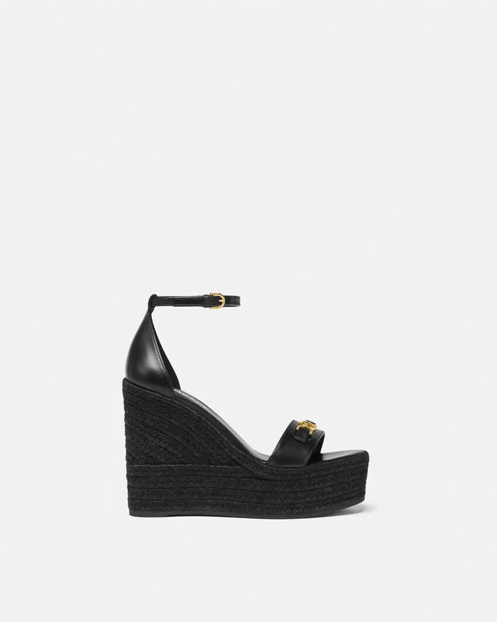 Sandals Women Versace Medusa 03995 Leather Wedge Sandals 120 Mm Blackgold