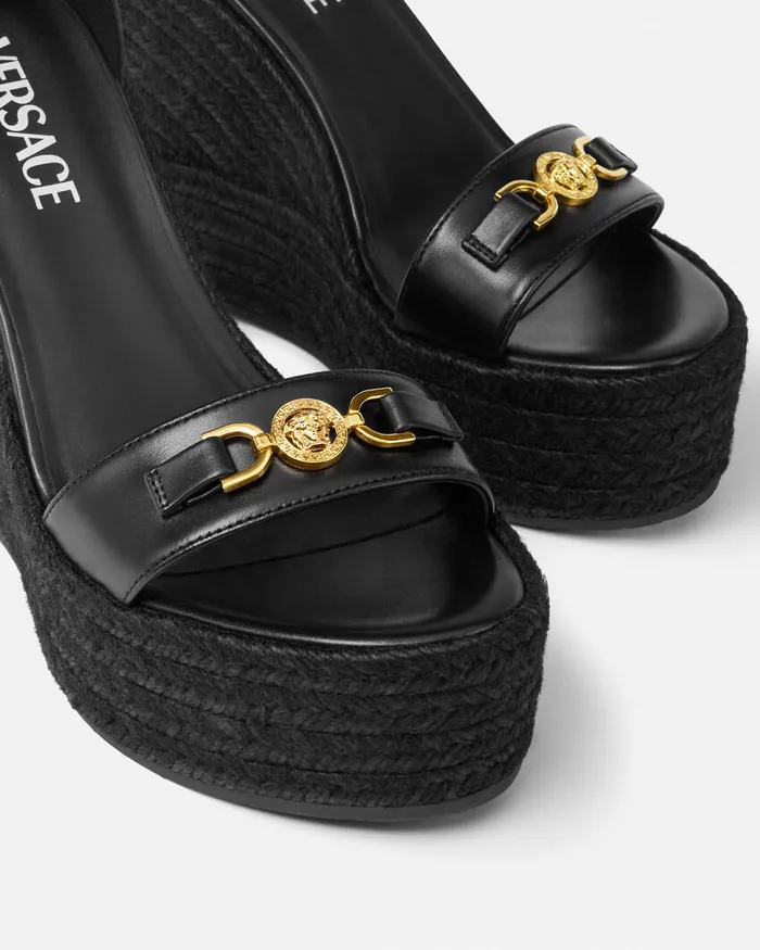 Sandals Women Versace Medusa 03995 Leather Wedge Sandals 120 Mm Blackgold