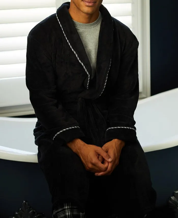 Savile Row Company Black Fleece Rope Edge Dressing Gown Black Fleece Men Dressing Gowns and Robes