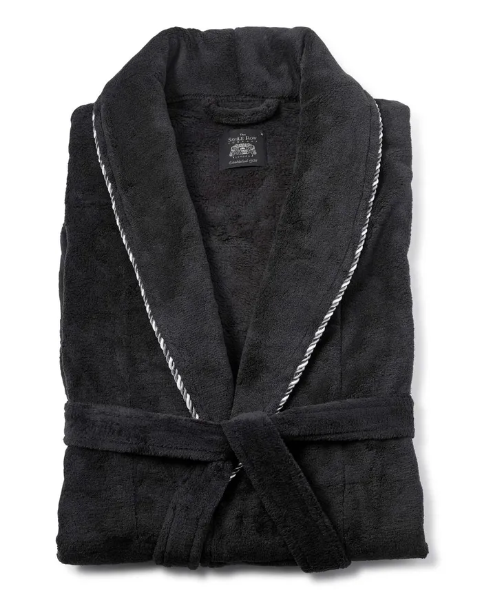 Savile Row Company Black Fleece Rope Edge Dressing Gown Black Fleece Men Dressing Gowns and Robes
