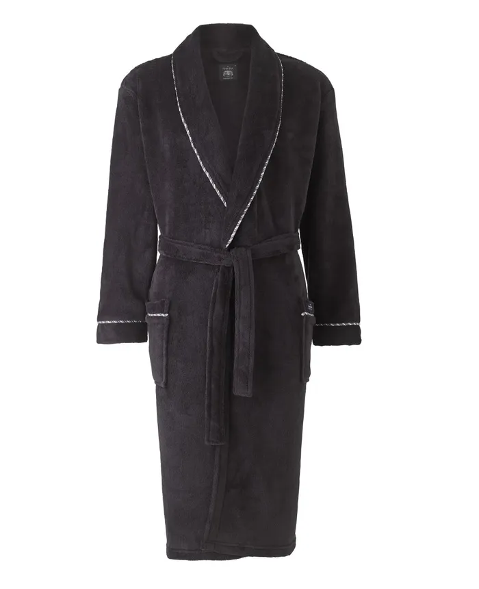 Savile Row Company Black Fleece Rope Edge Dressing Gown Black Fleece Men Dressing Gowns and Robes