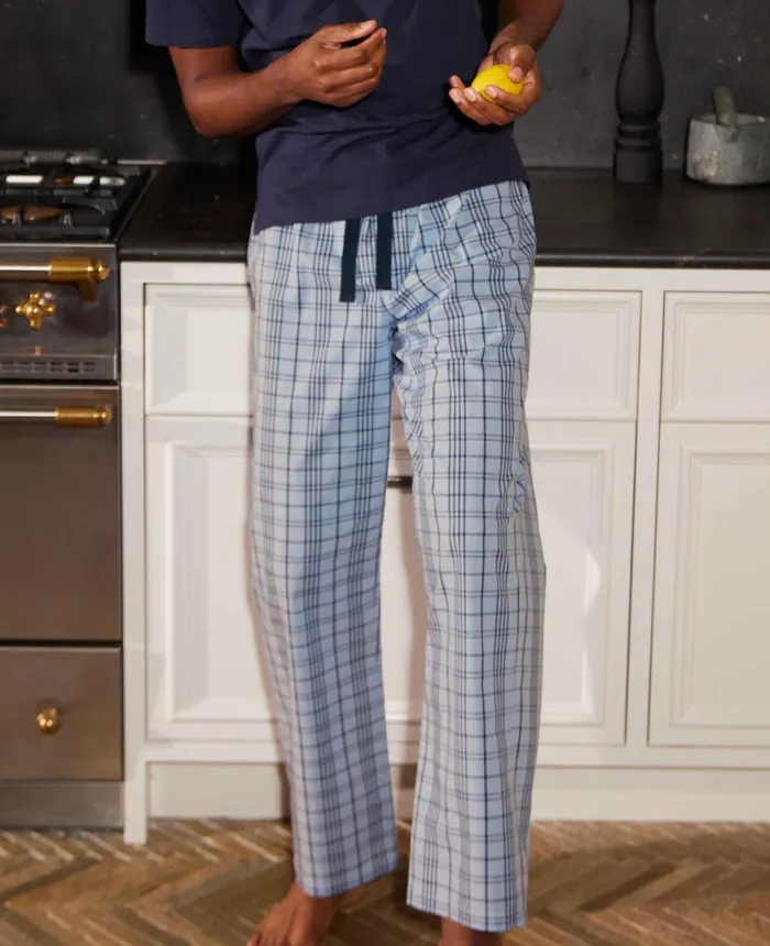 Savile Row Company Blue Check Cotton Lounge Pants Blue Navy Check Men Lounge Pants