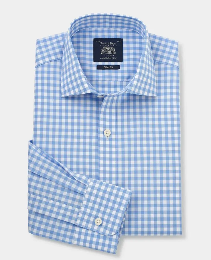 Savile Row Company Blue White Check Slim Fit Shirt 8211 Single Cuff Pale Blue Gingham Men Formal Shirts
