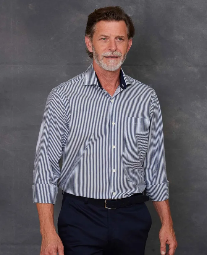 Savile Row Company Navy Cotton Bengal Stripe Classic Fit SmartCasual Shirt 8211 Single Cuff Navy Bengal Stripe Men Casual Shirts
