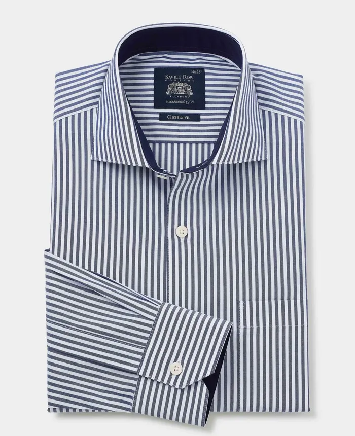 Savile Row Company Navy Cotton Bengal Stripe Classic Fit SmartCasual Shirt 8211 Single Cuff Navy Bengal Stripe Men Casual Shirts
