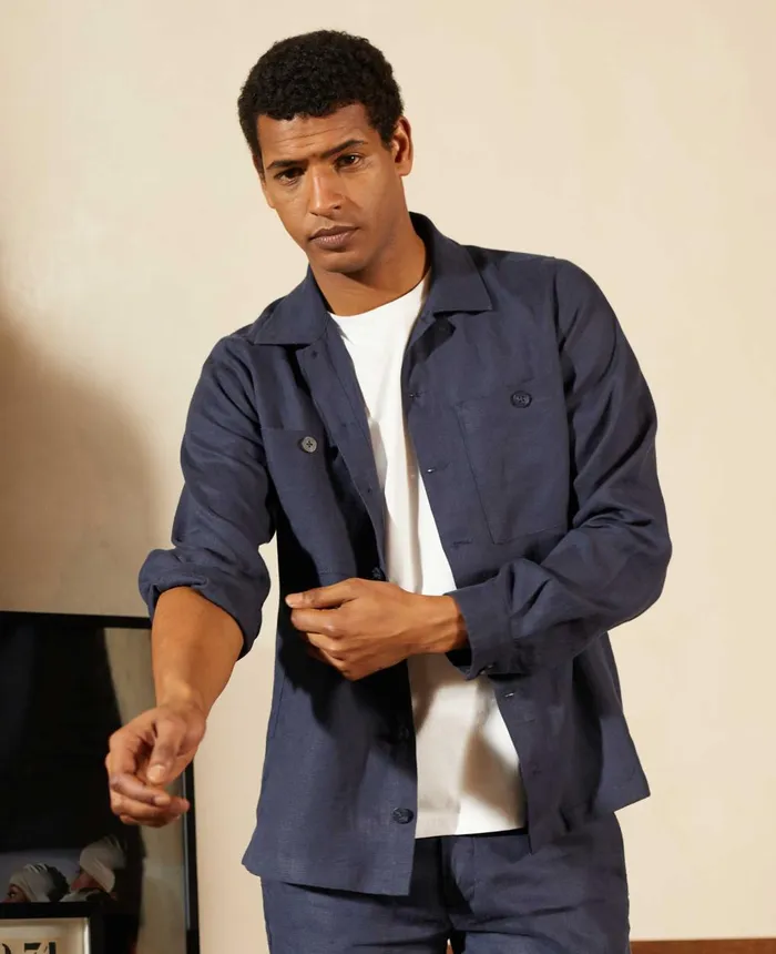 Savile Row Company Navy Linen Shacket Men Casual Shirts