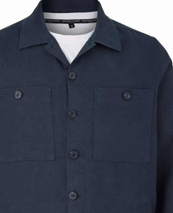 Savile Row Company Navy Linen Shacket Men Casual Shirts