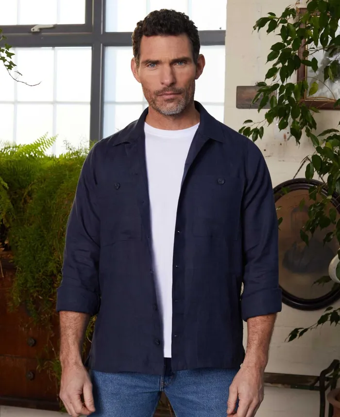 Savile Row Company Navy Linen Shacket Men Casual Shirts