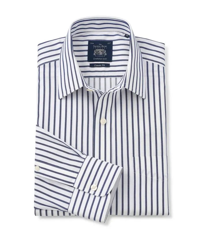 Savile Row Company White Navy Stripe Classic Fit NonIron Shirt 8211 Single Cuff Men NonIron Shirts