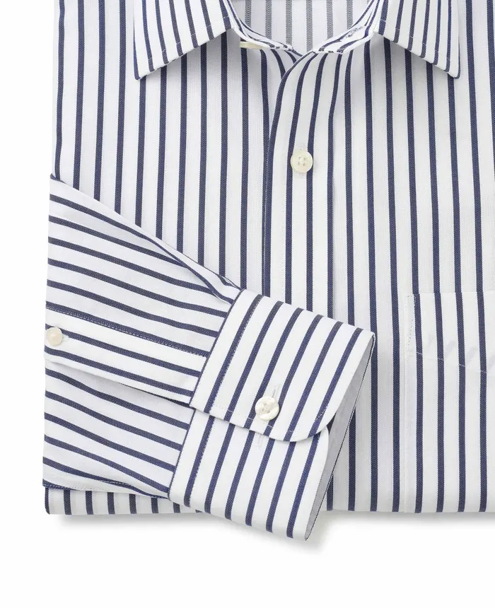 Savile Row Company White Navy Stripe Classic Fit NonIron Shirt 8211 Single Cuff Men NonIron Shirts