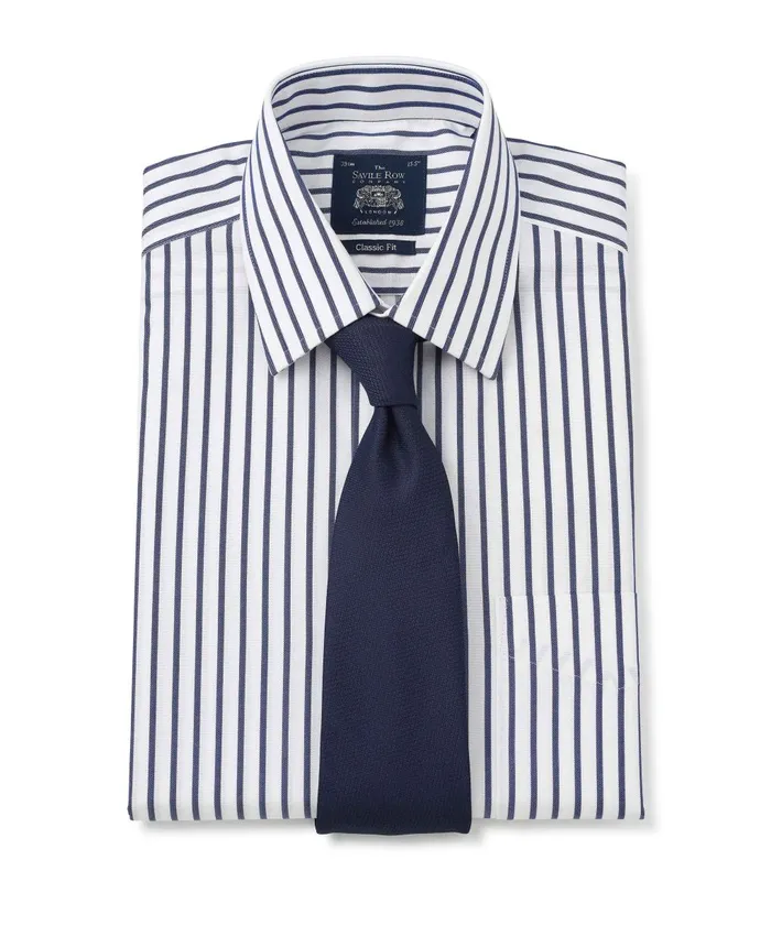 Savile Row Company White Navy Stripe Classic Fit NonIron Shirt 8211 Single Cuff Men NonIron Shirts