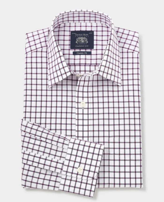 Savile Row Company White Purple Cotton Grid Check Classic Fit Formal Shirt 8211 Single Cuff Men Formal Shirts