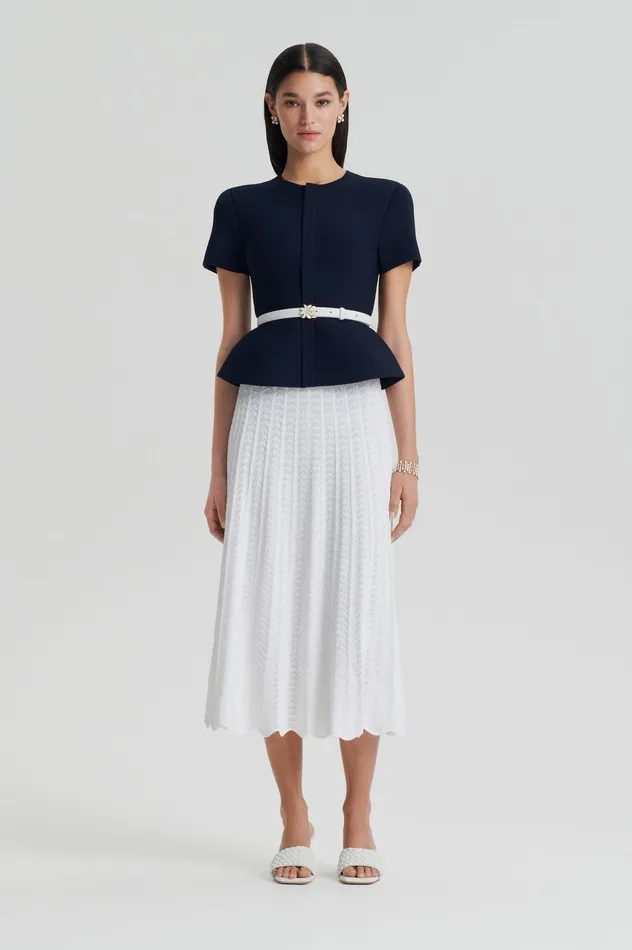 Scanlan Theodore CREPE KNIT SHORT SLEEVE PEPLUM JACKET NAVY Women Jackets