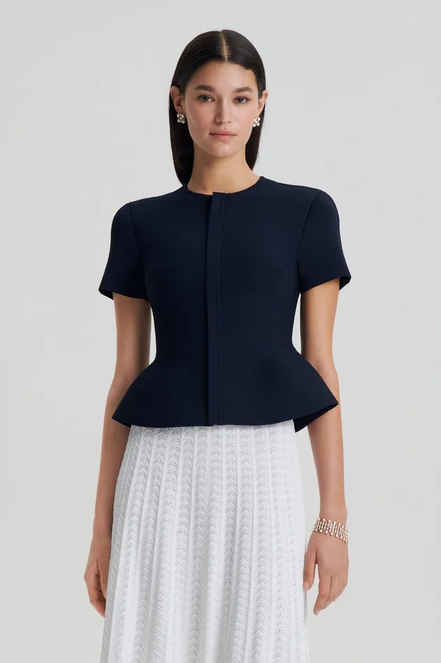 Scanlan Theodore CREPE KNIT SHORT SLEEVE PEPLUM JACKET NAVY Women Jackets