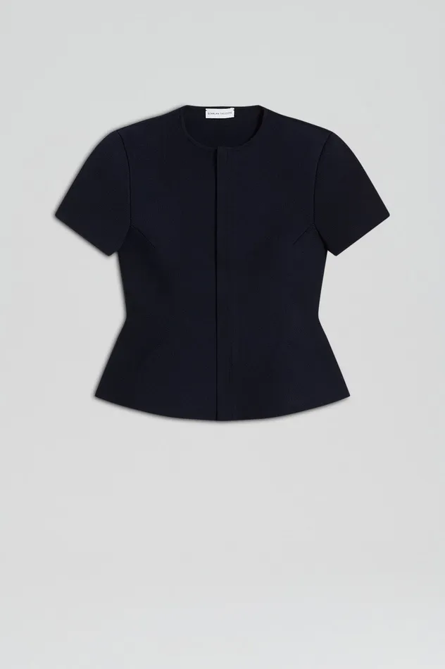 Scanlan Theodore CREPE KNIT SHORT SLEEVE PEPLUM JACKET NAVY Women Jackets