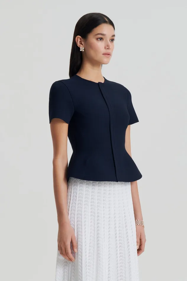 Scanlan Theodore CREPE KNIT SHORT SLEEVE PEPLUM JACKET NAVY Women Jackets