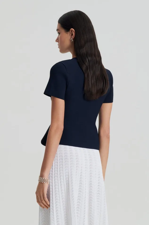 Scanlan Theodore CREPE KNIT SHORT SLEEVE PEPLUM JACKET NAVY Women Jackets