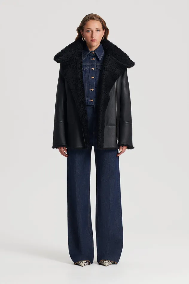 SHEARLING TRAPEZE JACKET BLACK Leather Scanlan Theodore Women
