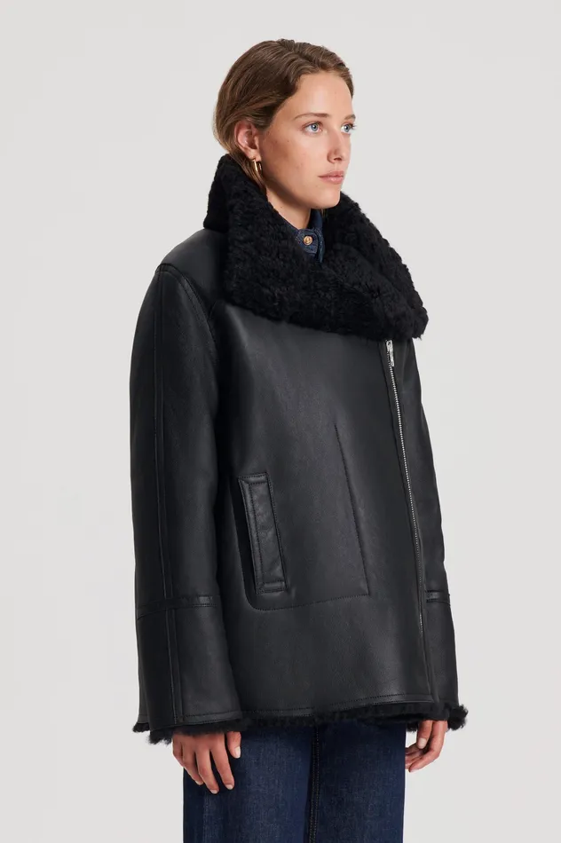 SHEARLING TRAPEZE JACKET BLACK Leather Scanlan Theodore Women SHEARLING TRAPEZE JACKET BLACK Leather Scanlan Theodore Women
