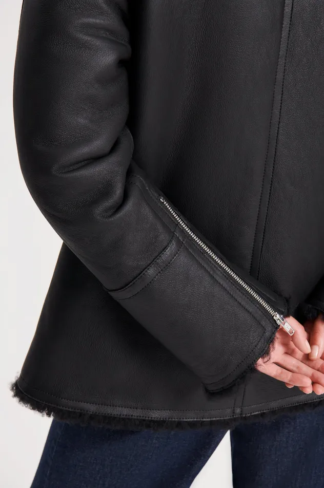SHEARLING TRAPEZE JACKET BLACK Leather Scanlan Theodore Women SHEARLING TRAPEZE JACKET BLACK Leather Scanlan Theodore Women