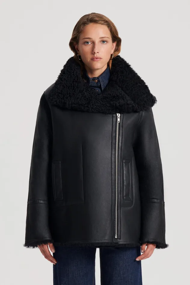 SHEARLING TRAPEZE JACKET BLACK Leather Scanlan Theodore Women SHEARLING TRAPEZE JACKET BLACK Leather Scanlan Theodore Women
