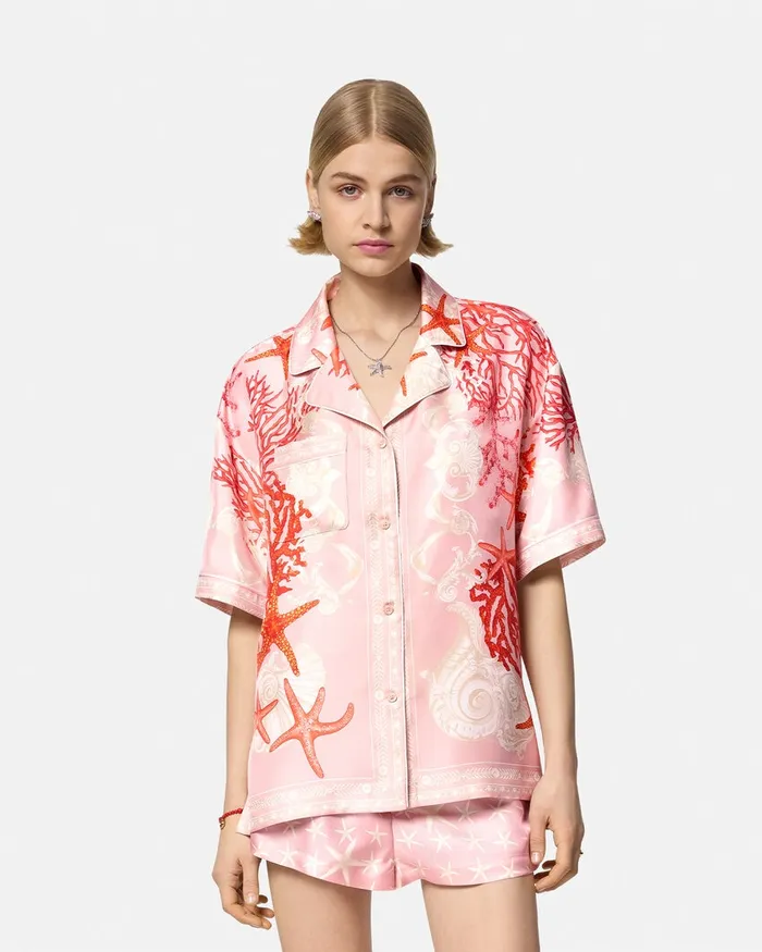 Shirts and Tops Women Versace Barocco Sea Silk Shirt Pinkprint