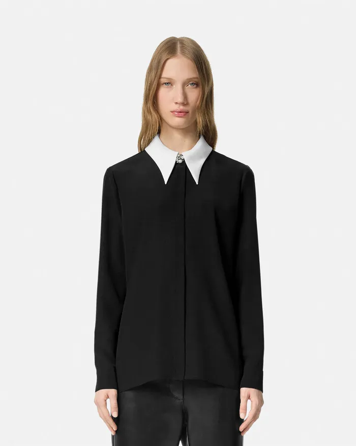 Shirts and Tops Women Versace ContrastCollar Silk Crpe Shirt Black
