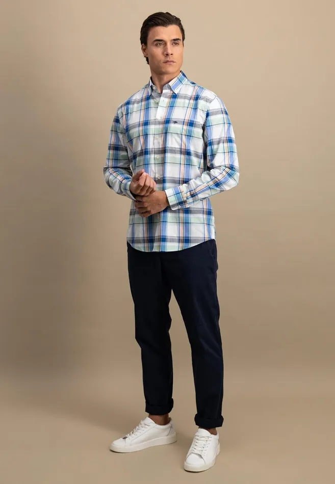 Shirts Men FYNCHHATTON Checked Shirt With Buttondown Collar images Longsleeved And Short Arm Sunny Orangestrong Bluenavy