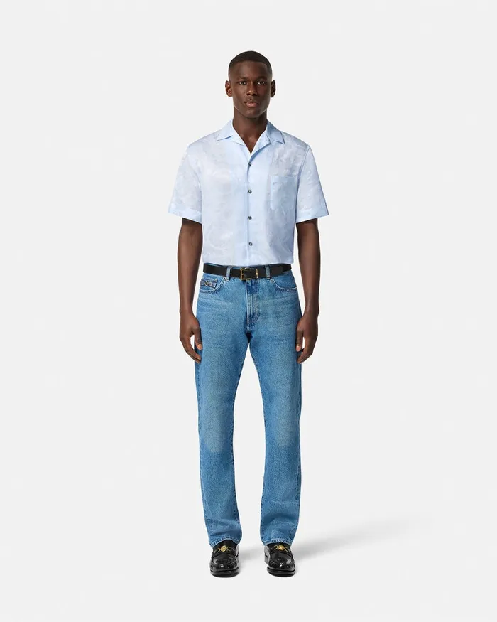 Shirts Men Versace Barocco Jacquard SilkBlend Shirt Light Blue