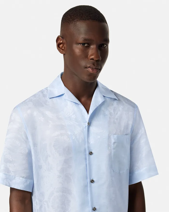 Shirts Men Versace Barocco Jacquard SilkBlend Shirt Light Blue