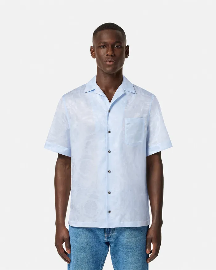 Shirts Men Versace Barocco Jacquard SilkBlend Shirt Light Blue
