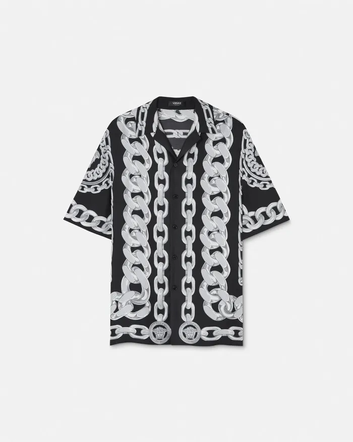 Shirts Men Versace Medusa Chains Silk Shirt Print