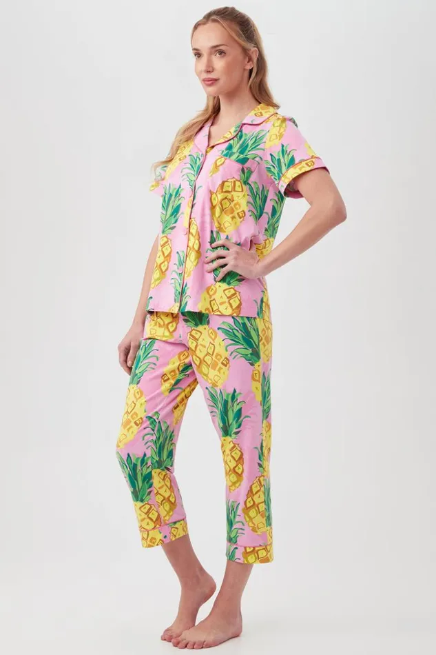 SHOP Trina Turk WOMEN039S SLEEPWEAR PINEAPPLES WOMEN039S SHORT SLEEVE CROPPED PANT JERSEY PJ SET